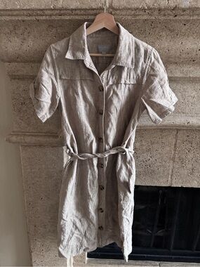 Pure Linen Button-Front Midi Dress in Light Beige